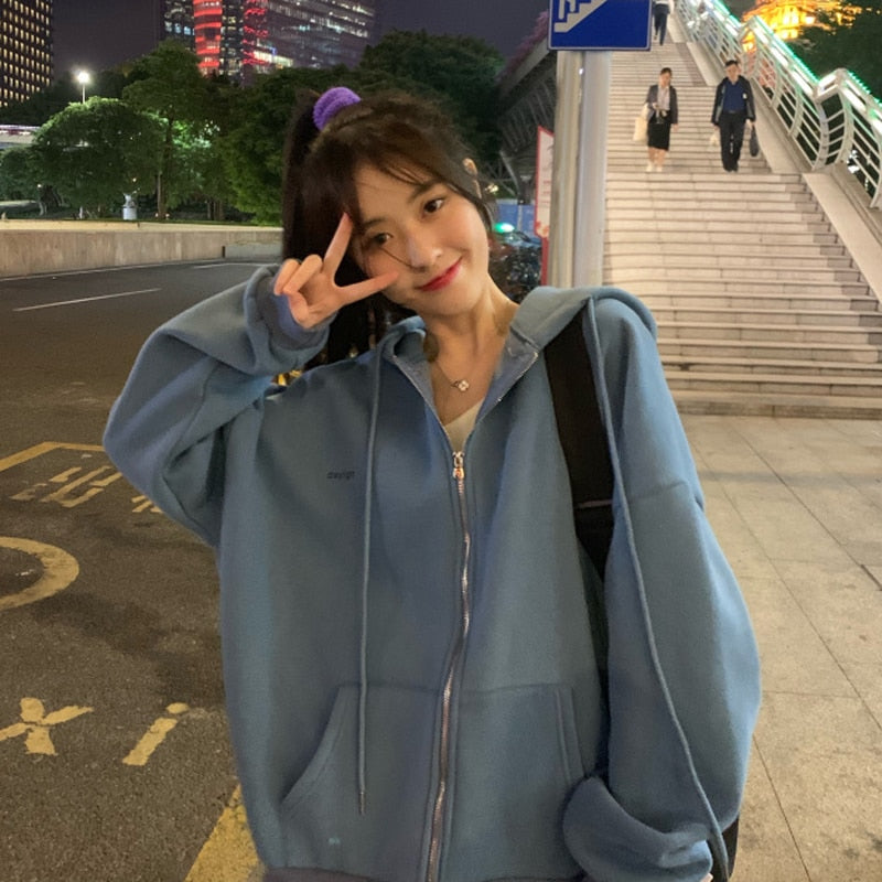 Women Korean Style Hoodies Zip-up Harajuku Oversized Solid Pocket Hooded Sweatshirts Autumn Long Sleeve Loose Baseball Jacket