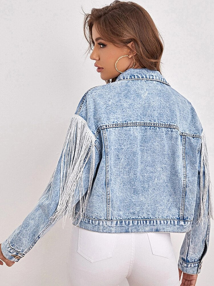 New Spring Women Loose Tassel Blue Denim Jacket