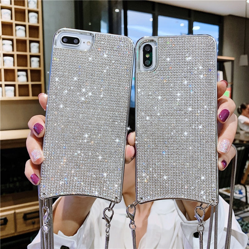 Crossbody Chain Fashion Bling Full Diamond Case for iPhone 14 13 12 11 Pro Max XR Xs 7 Plus 8 6 XS SE2 Soft Rhinestone Cover Bag