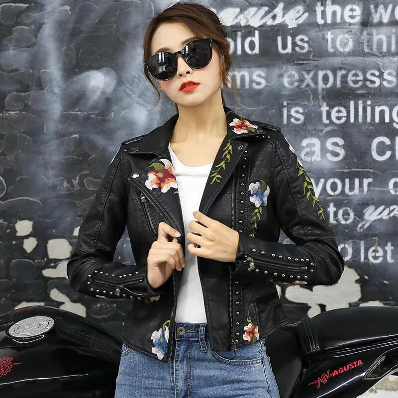 Lin Floral Print Embroidery Faux Soft Leather Jacket