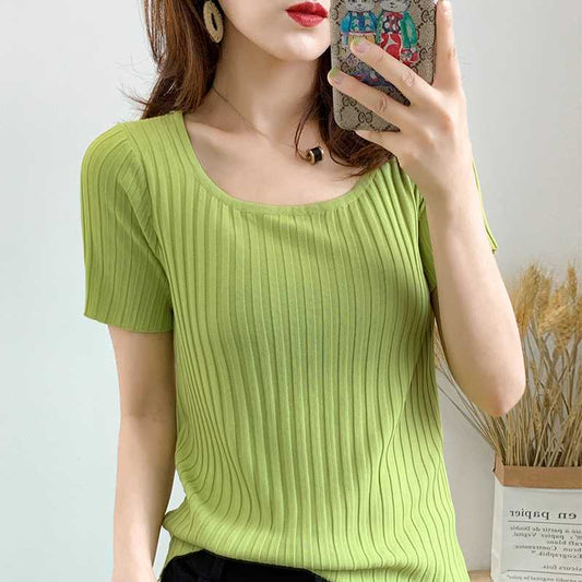 HELIAR T-shirts Women Square Neck Tees Solid Short Sleeve Tee Cottons T-Shirts For Women 2021 Summer Crop Tops