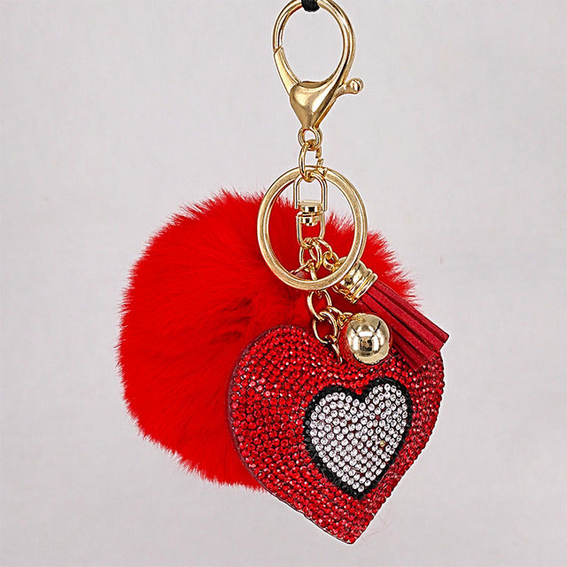 Pompom Keychain Rhinestone Heart Women