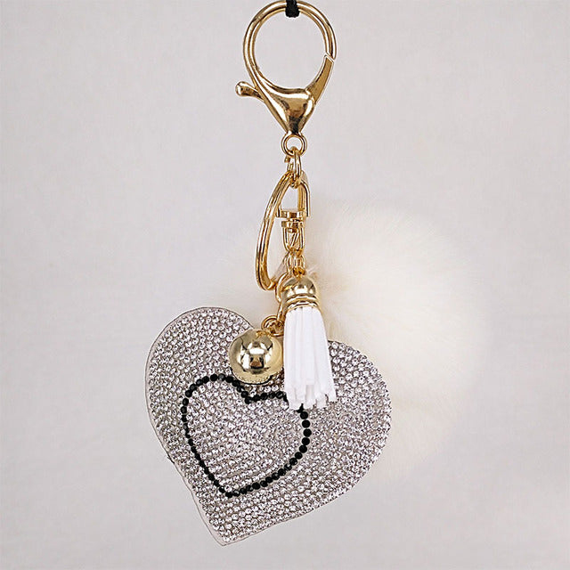 Pompom Keychain Rhinestone Heart Women