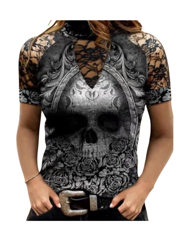2022 Fashion Women TurtleNeck Skull &amp; Flower Print T-shirt Gothic Hollow Short Sleeve Tops