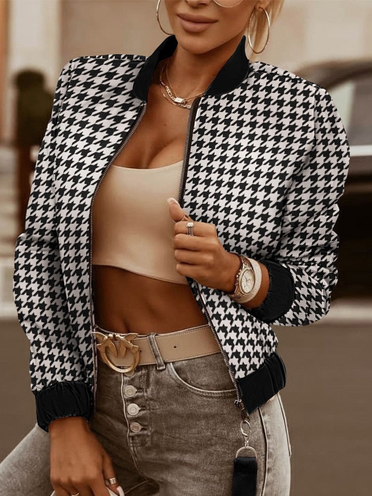 All-match Coat Women Korean Fashion 2022 Fall Geometric Print Long Sleeve Zip Up Jacket Casual Elegant Hot Selling Style Jacket