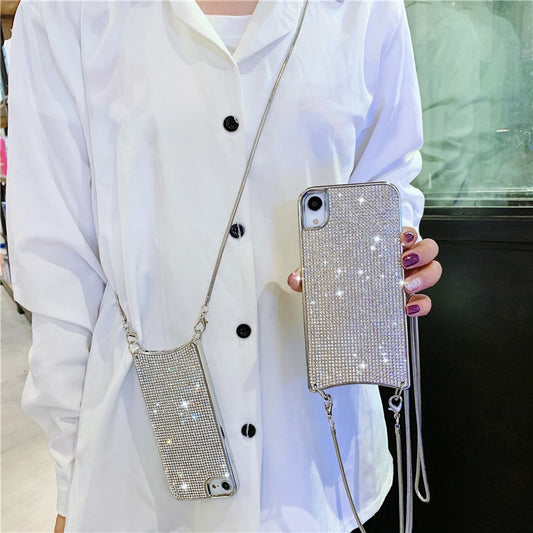 Crossbody Chain Fashion Bling Full Diamond Case for iPhone 14 13 12 11 Pro Max XR Xs 7 Plus 8 6 XS SE2 Soft Rhinestone Cover Bag