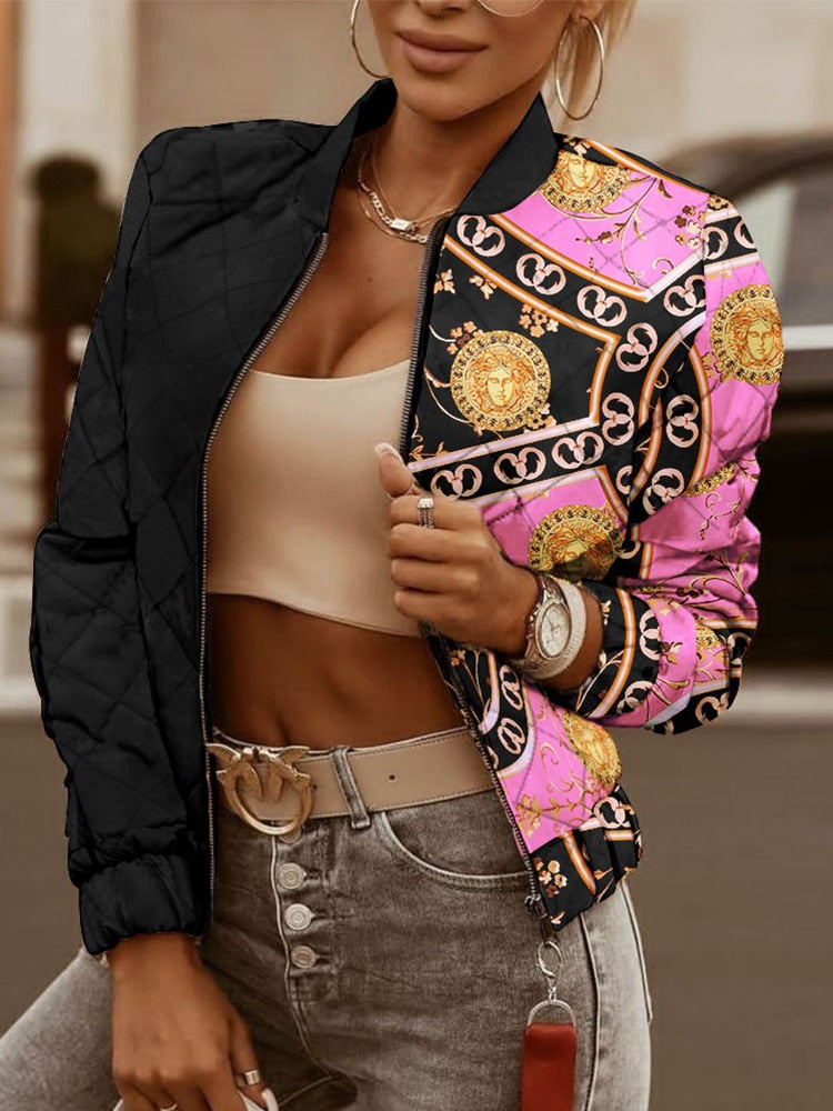 All-match Coat Women Korean Fashion 2022 Fall Geometric Print Long Sleeve Zip Up Jacket Casual Elegant Hot Selling Style Jacket