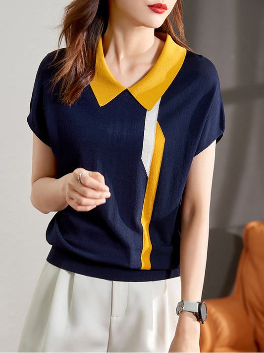 Tee Shirt Femme Turn Down Collar T Shirt 2022 Knitted Tops For Women For Summer Thin T Shirts Short Sleeve Tshirt Woman Clothing