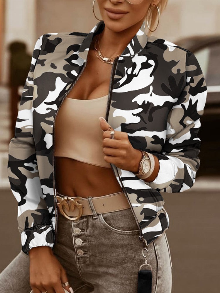 All-match Coat Women Korean Fashion 2022 Fall Geometric Print Long Sleeve Zip Up Jacket Casual Elegant Hot Selling Style Jacket